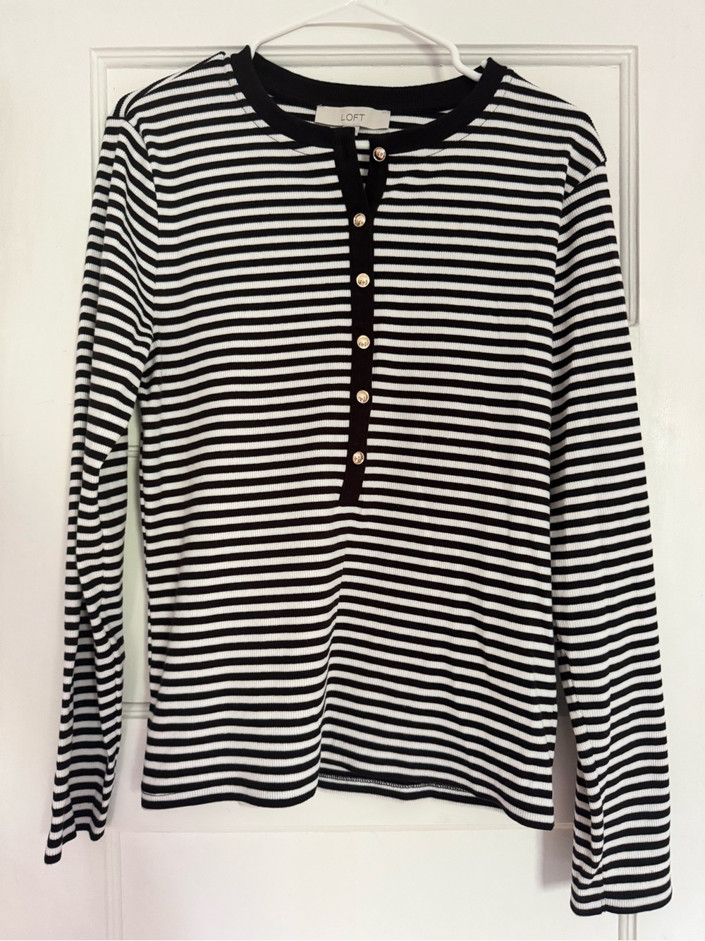 LOFT Black & White Striped Long Sleeve Henley Top